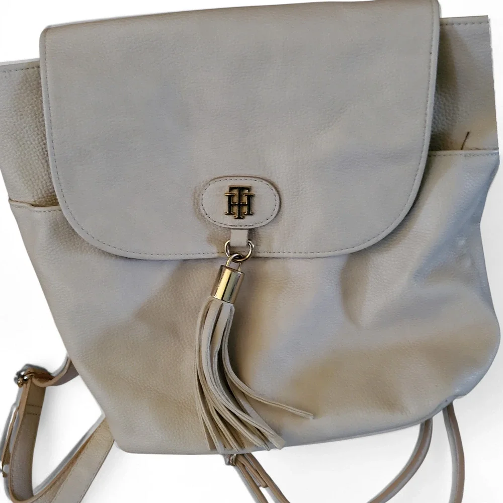 Authentic Tommy Hilfiger Cream Backpack Bag with Tassel Vegan Faux Leather